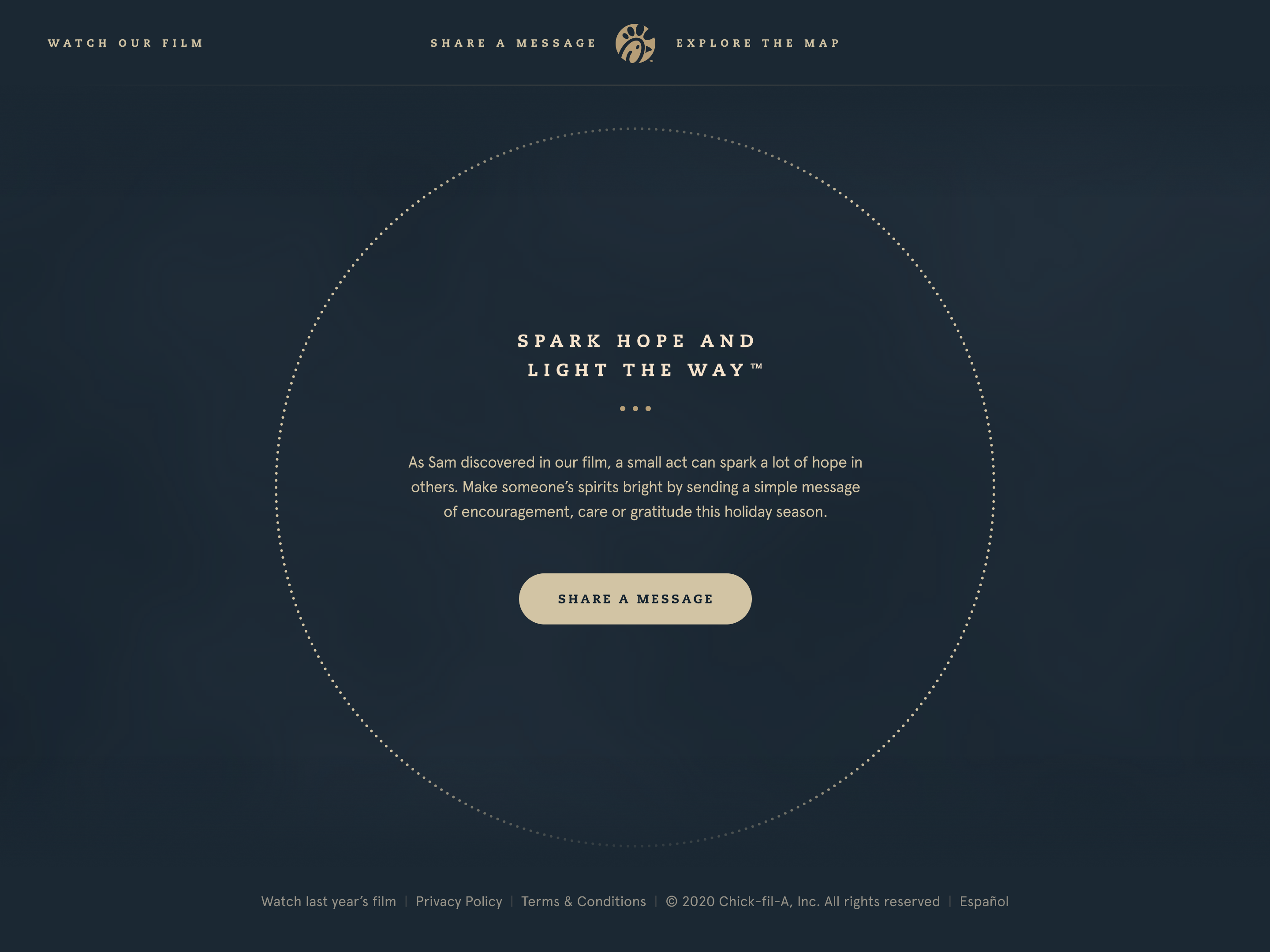 Intro page with 'Spark Hope and Light the Way' set inside a dotted circle, copy inviting visitors to send a message of encouragement, a 'Share a Message' button, and the site's header and footer navigation.