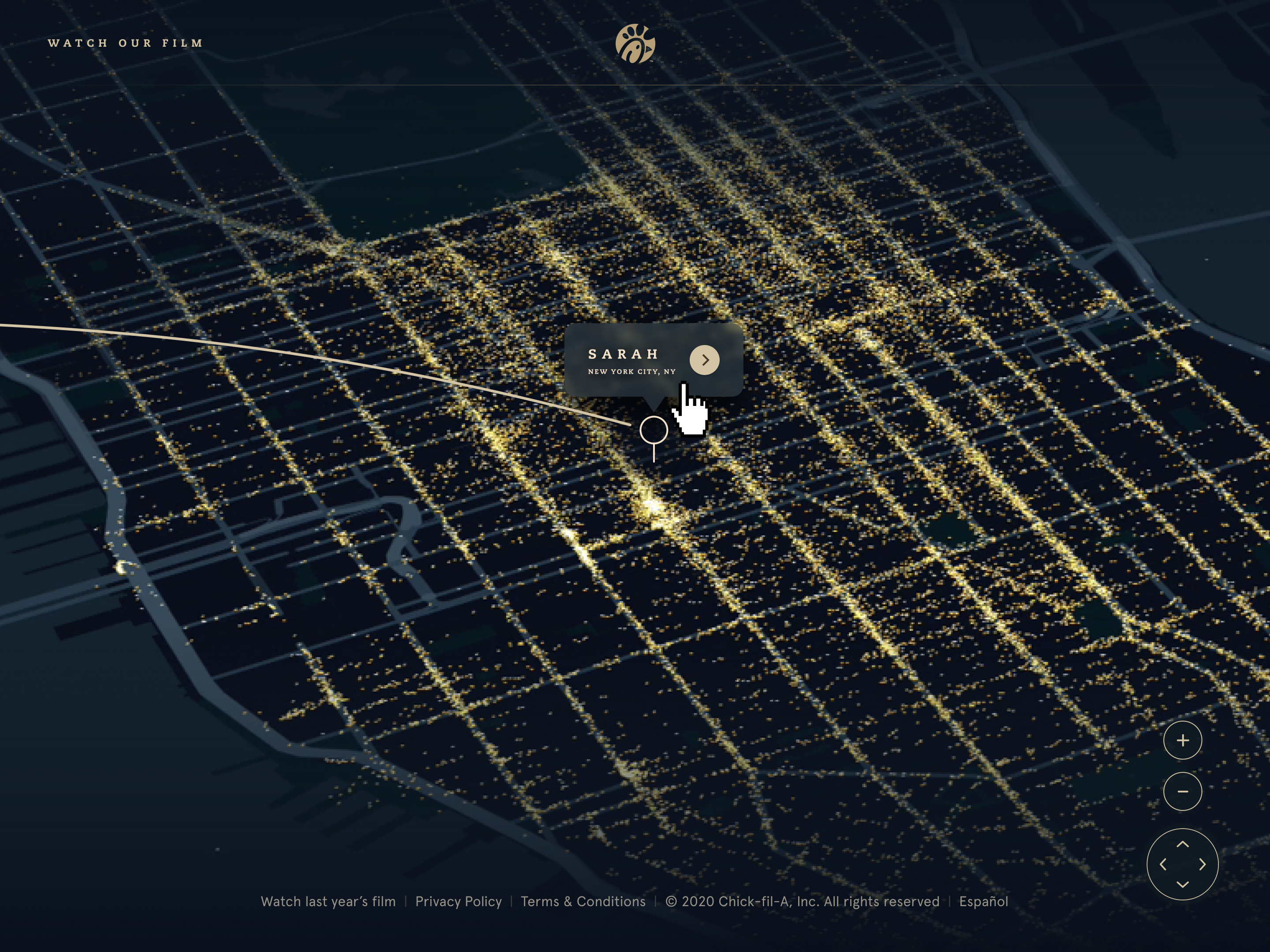Desktop view of a dark illustrated city map glowing with thousands of golden points of light. A thin light trail arcs across the map to a pin with a popup reading 'Sarah, New York City, NY'.