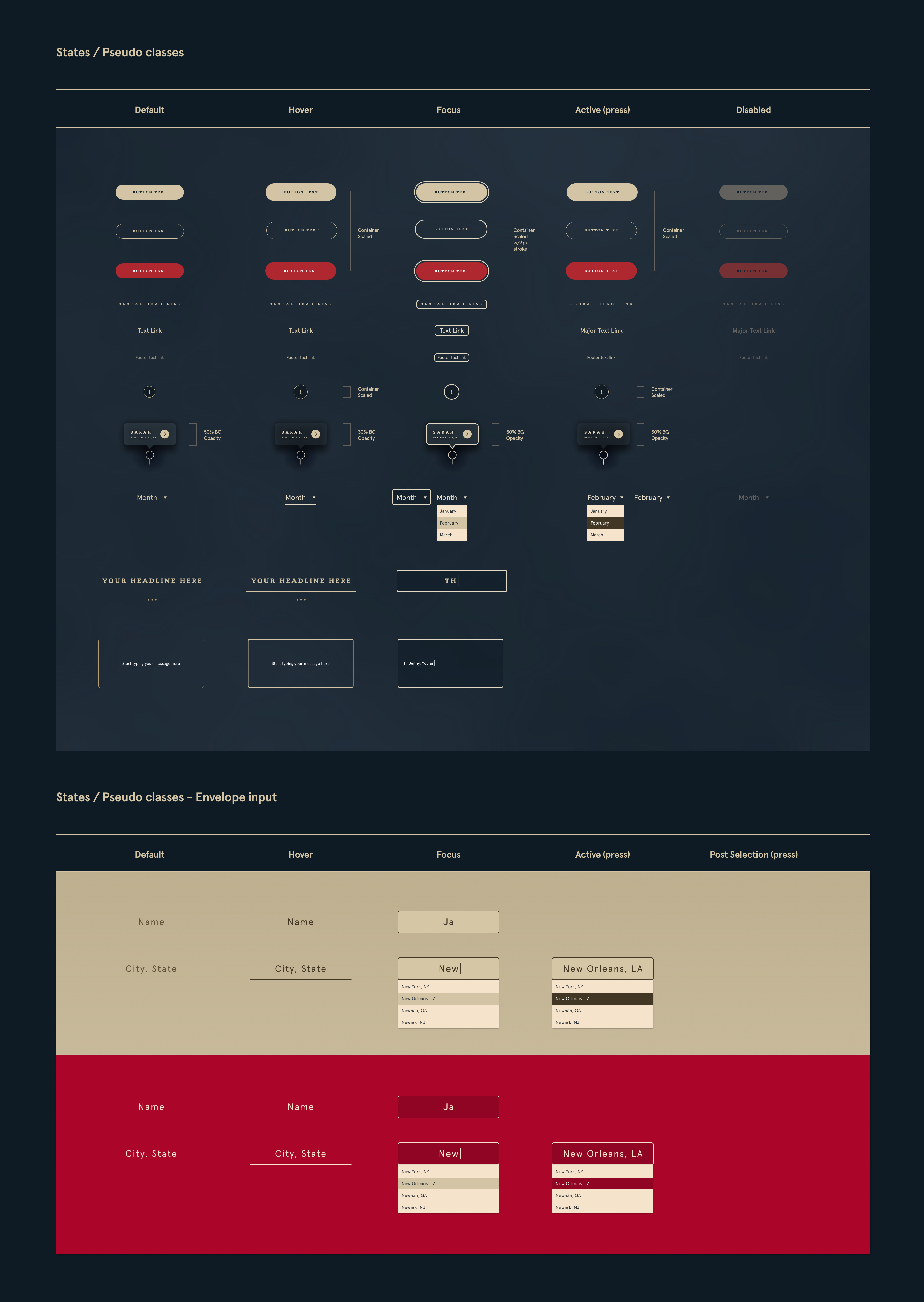 Component states specification sheet: default, hover, focus, active, and disabled states for buttons, links, map pins, and dropdowns, plus envelope input states shown on cream and red backgrounds.