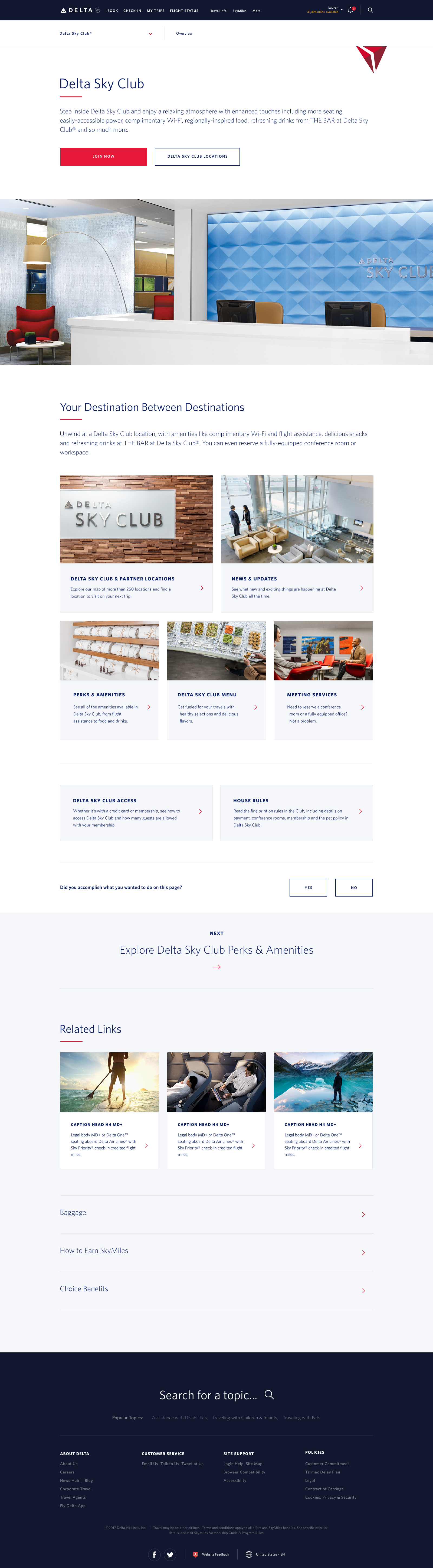 Responsive delta.com Delta Sky Club page at desktop width, with hero photography, an editorial content grid, and related links