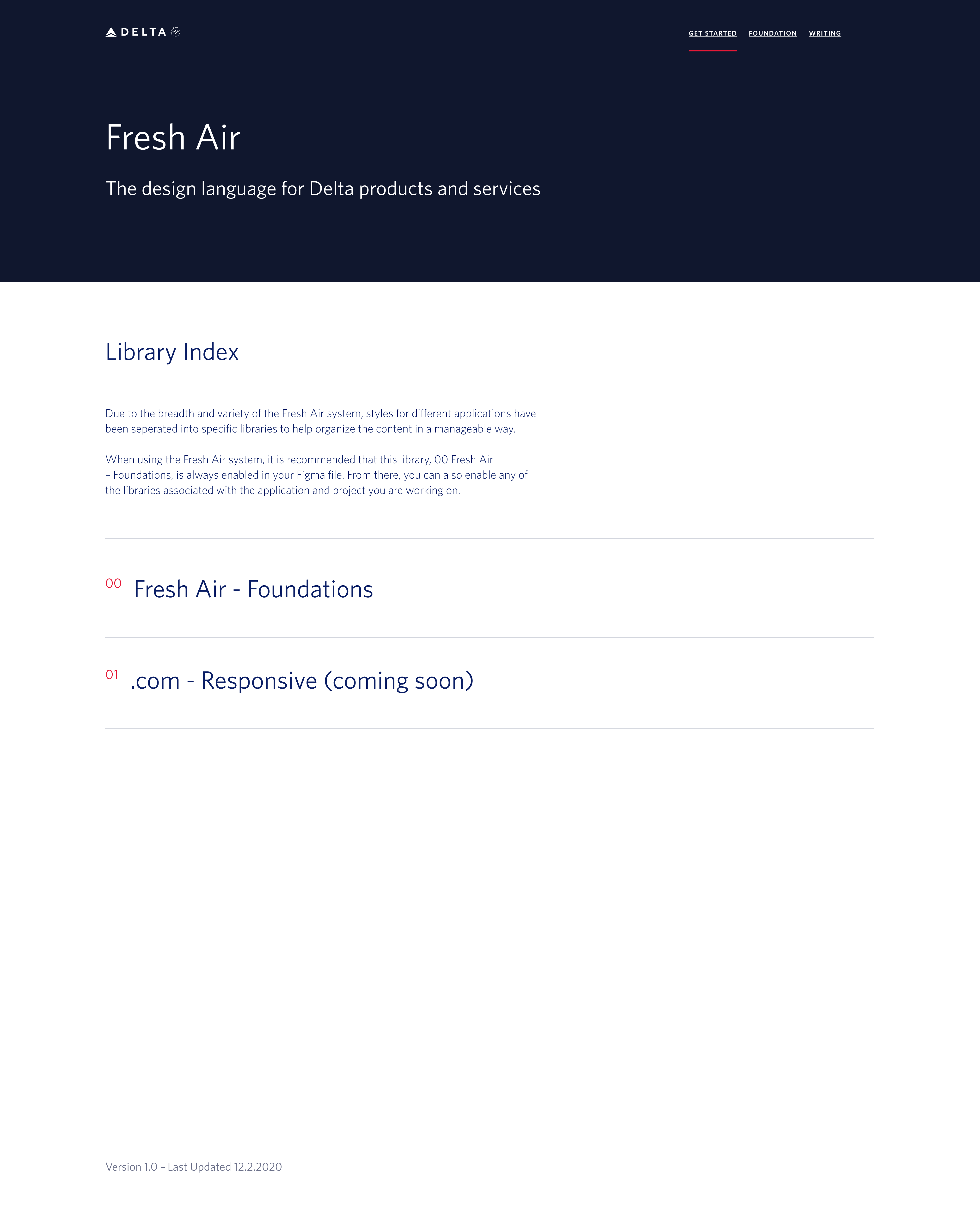 Fresh Air library index page in Figma, titled 'The design language for Delta products and services', listing the Foundations and .com Responsive libraries with a version number and date
