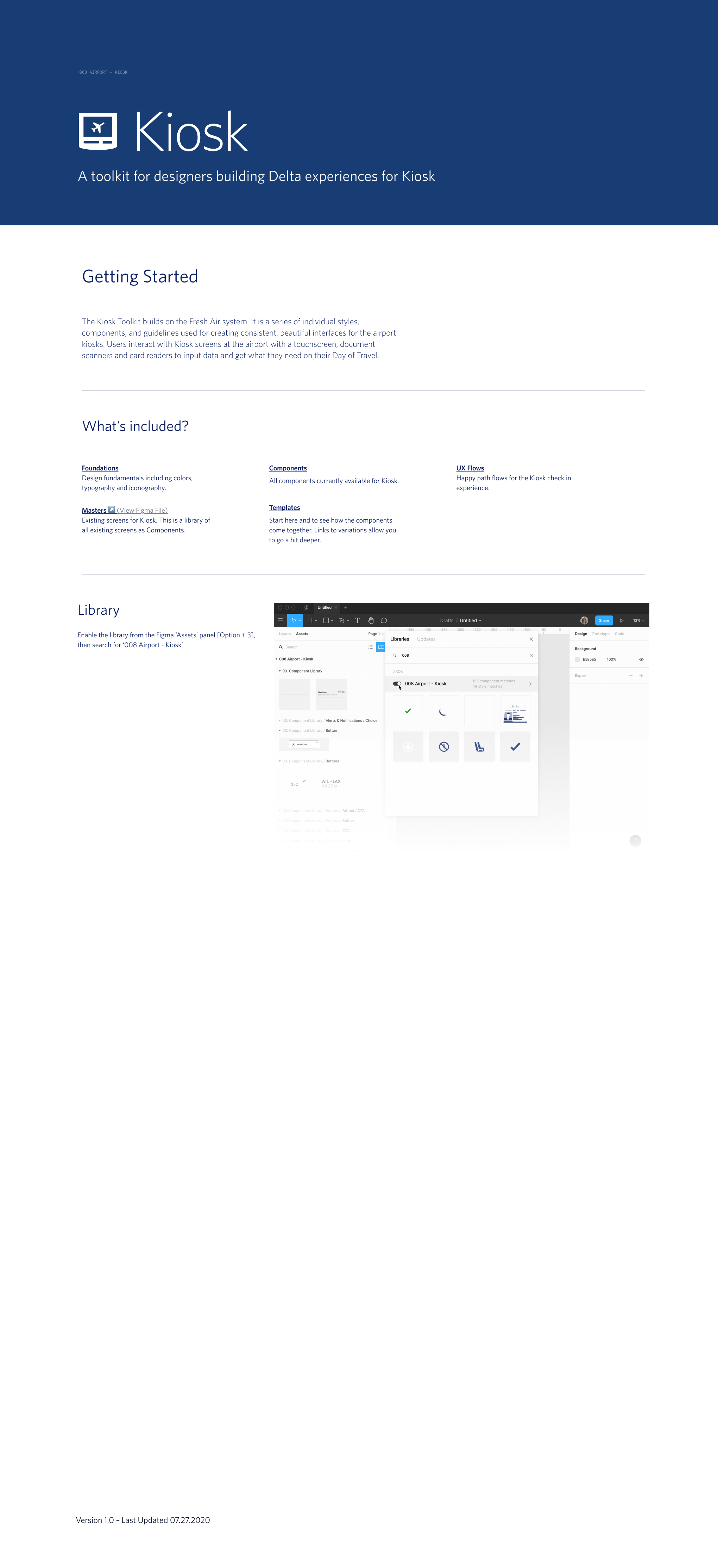 Welcome page of the Kiosk toolkit in Figma, described as a toolkit for designers building Delta experiences for kiosk, with getting-started notes and library setup instructions