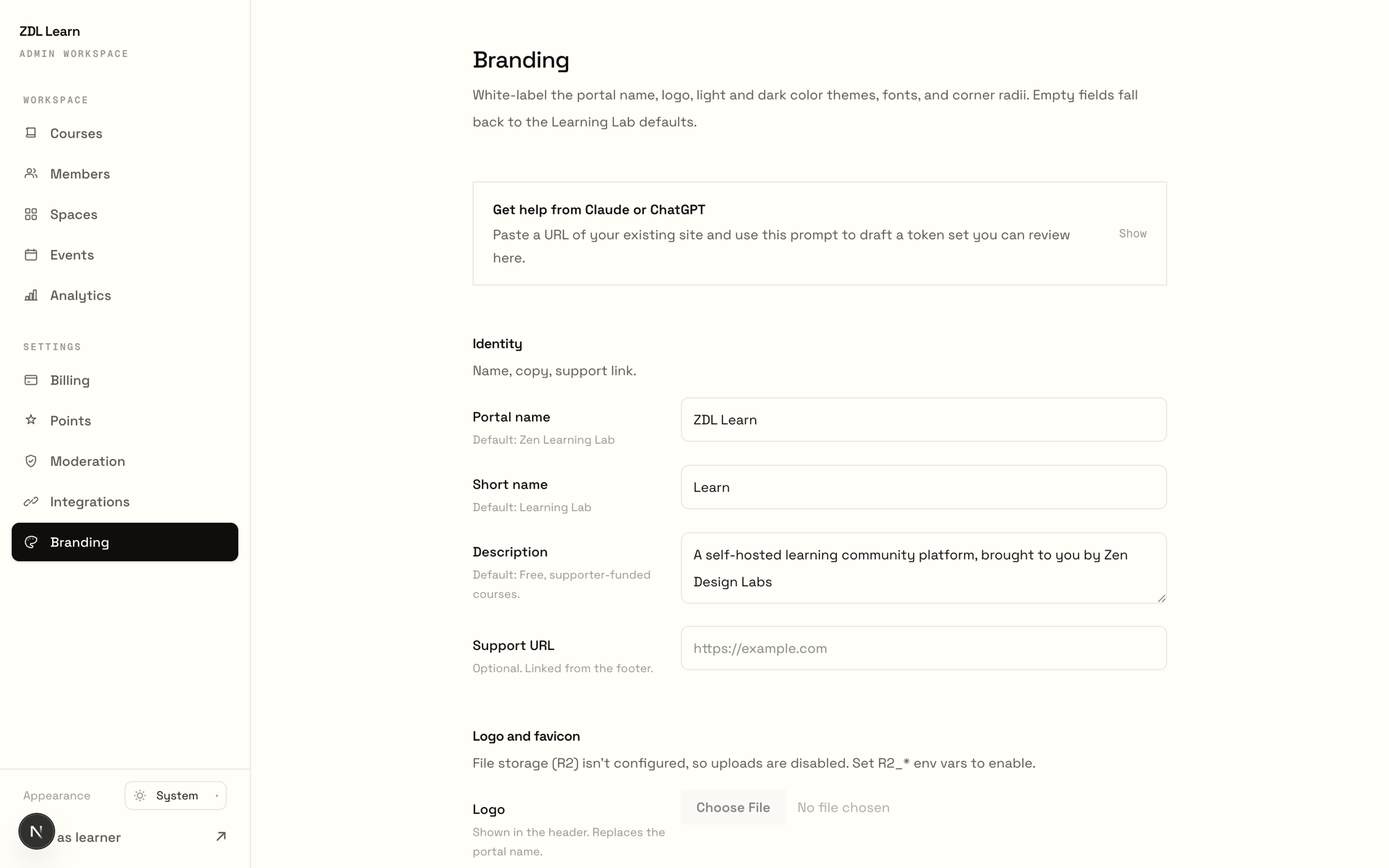 The admin branding page with fields for portal name, description, colors, fonts and corner radii, plus a callout offering help from Claude or ChatGPT to draft a token set from an existing site