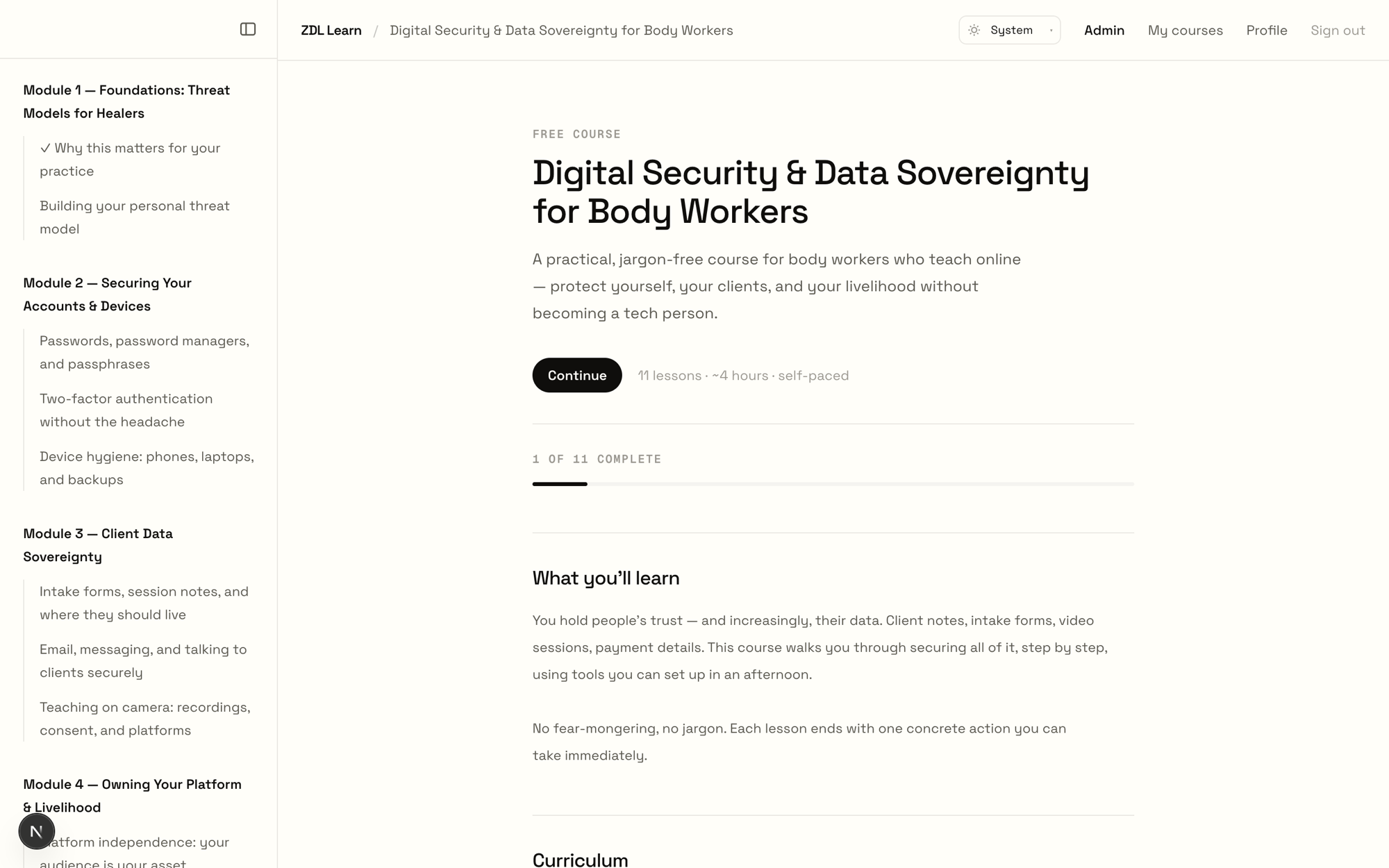 A course overview page for 'Digital Security & Data Sovereignty for Body Workers' showing a module sidebar, progress bar reading 1 of 11 complete, and a 'What you'll learn' section