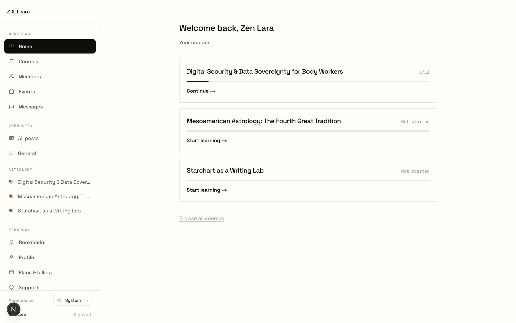 The learner dashboard greeting 'Welcome back' with three enrolled courses, progress bars, and a sidebar covering courses, members, events, messages, and community spaces