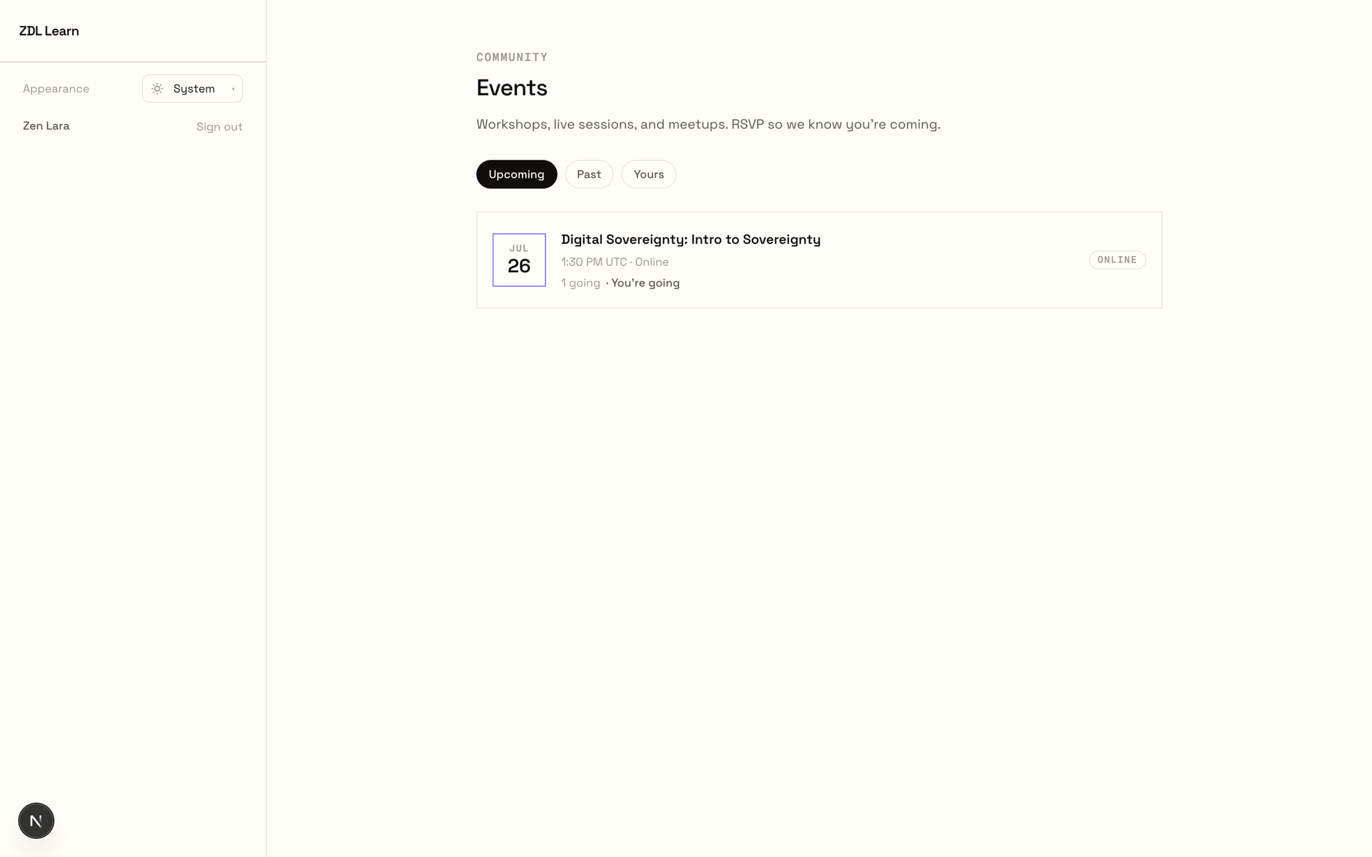 The community events page listing an upcoming online workshop with date, time, RSVP count and an Online badge