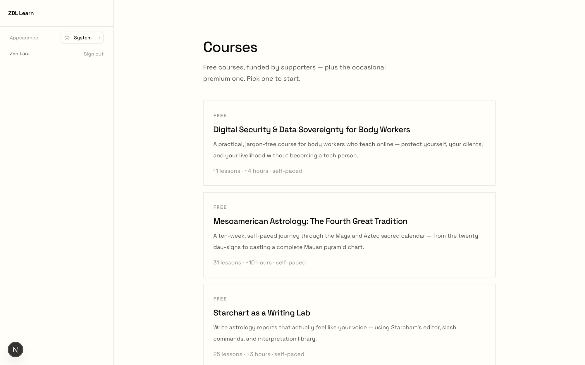 The Learning Lab course catalog showing three free courses with lesson counts and estimated hours, under the heading 'Free courses, funded by supporters — plus the occasional premium one'
