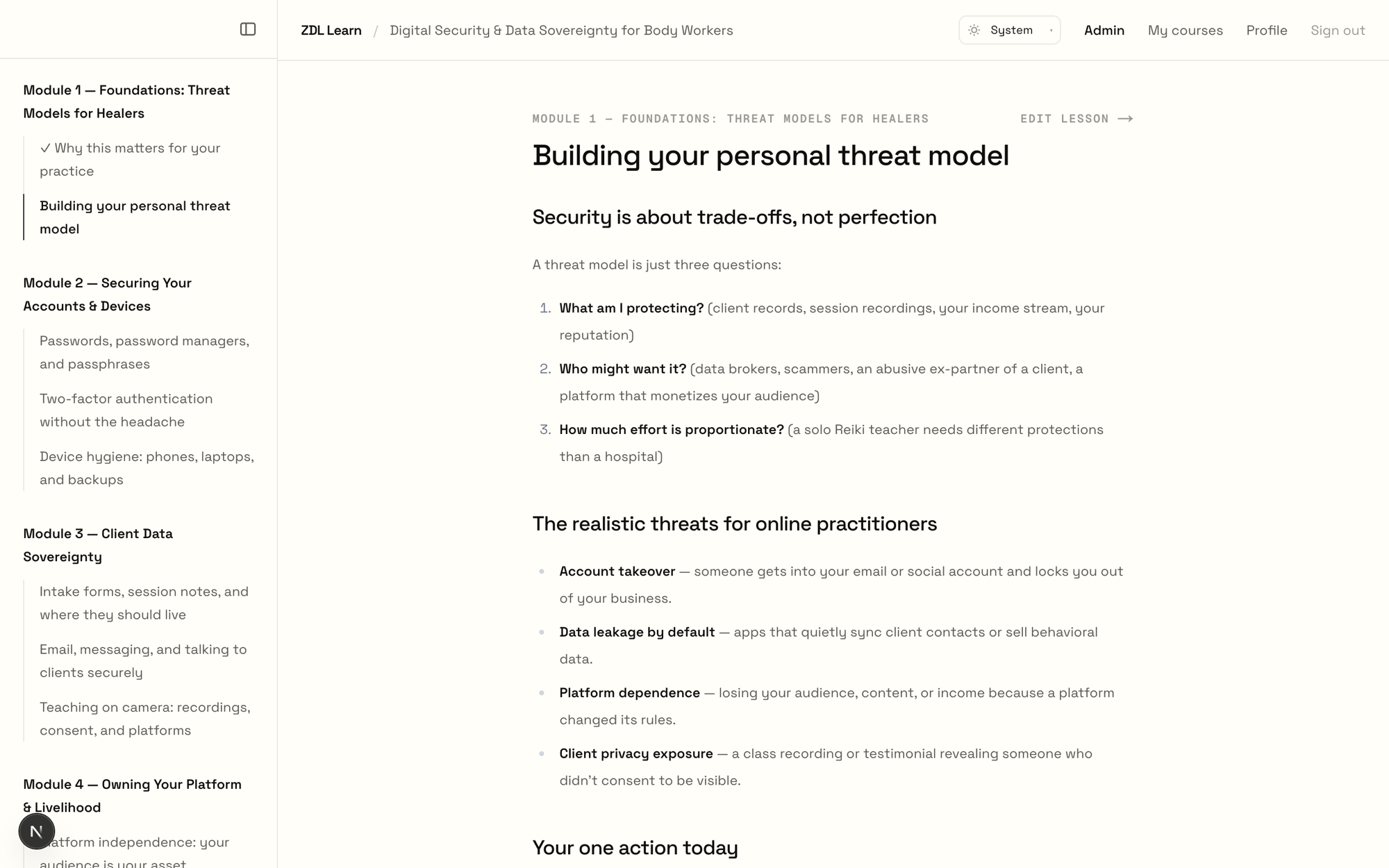 A lesson page titled 'Building your personal threat model' framing a threat model as three questions, with realistic threats for online practitioners listed below and course navigation in the left sidebar